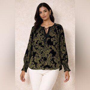 NILE Black Green Velvet Burnout Blouse Boho Long Sleeve Size M Relaxed Fit
